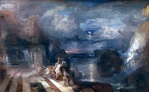 Joseph Mallord William Turner, The Parting of Hero and Leander - from the Greek of Musaeus. / Heros und Leanders Abschied. Vor 1937. (London,National Gallery,Turner,Joseph Mallord William,1775-1851,Öl auf Leinwand,19. Jahrhundert,Romantik,Landschaft,william turner,griechische mythologie,mythos,meer,küste,frau,liebespaar,trennung,legende,sage)