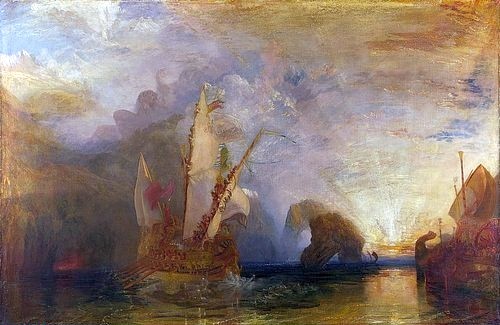 Joseph Mallord William Turner, Ulysses deriding Polyphemus - Homer's Odyssey. / Odysseus verspottet Polyphem. 1829. (London,National Gallery,Turner,Joseph Mallord William,1775-1851,Öl auf Leinwand,19. Jahrhundert,Romantik,Landschaft,william turner,homer,odyssee,griechische mythologie,meer,schiff,segelschiff,mythos,sonne,sonnenlicht,sage,sonnenuntergang,seestück)
