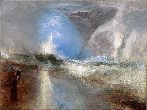 Joseph Mallord William Turner, Rockets and Blue Lights (Close at Hand) to Warn Steamboats of Shoal Water. / Raketen und Blaue Lichter (zur Hand) warnen Dampfschiffe vor Untiefen. 1840. (Turner,Joseph Mallord William,1775-1851,Williamstown,Clark Institute,Öl auf Leinwand,19. Jahrhundert,Romantik,william turner,see,meer,abstrakt,schiffe,licht,farben,dramatisch,lichtstimmung,stimmungsvoll,landschaft,romantisch,schiff,seestück)