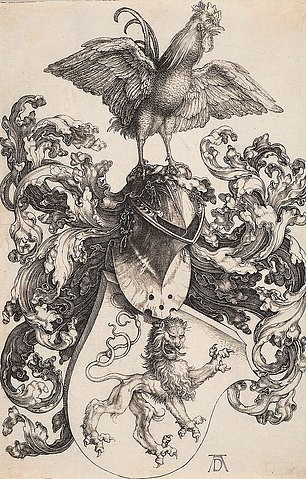 Albrecht Dürer, Das Löwenwappen mit dem Hahn. Um 1502-03 (Dürer,Albrecht,1471-1528,Graz,Neue Galerie (Joanneum),Kupferstich,16. Jahrhundert,Renaissance,deutsche,Albrecht Dürer,Tiere,Wappen,Löwe,Hahn,Vogel,Helm)