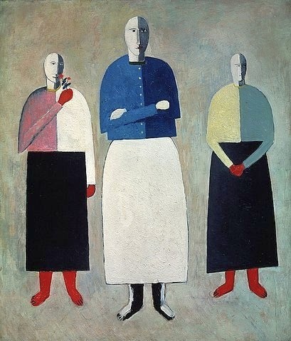 Kasimir Malewitsch, Drei Mädchen. 1928-32. (Malerei, russische Avantgarde,  Mädchen, Blume, Rose, figurativ, Konstruktivismus, Abstraktion,  Klassische Moderne, Wunschgröße, Wohnzimmer, Treppenhaus, bunt)