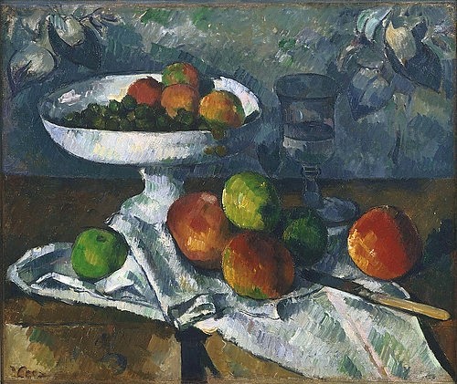 Paul Cézanne, Stillleben mit Obstschale. 1879-80 (New York,Museum of Modern Art,Cézanne,Paul,1839-1906,Öl auf Leinwand,19. Jahrhundert,Stillleben,Post-Impressionismus,Obst,Paul Cezanne,Glas,Obst,Schale,Apfel,Äpfel,Messer,Serviette,Obstschale)