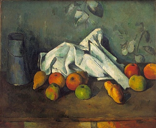 Paul Cézanne, Milchkanne und Äpfel. 1879-80 (New York,Museum of Modern Art,Cézanne,Paul,1839-1906,Öl auf Leinwand,19. Jahrhundert,Post-Impressionismus,Paul Cezanne,Kanne,Milckanne,Apfel,Äpfel,Serviette,Baguette,Früchte,Obst)