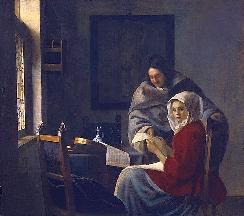 Jan Vermeer van Delft, Die unterbrochene Musikstunde. Um 1660. (Vermeer van Delft,Jan,1632-1675,Öl auf Leinwand,17. Jahrhundert,Genre,Barock,? Fine Art Images,New York,Frick Collection,niederländisch,Goldenes Zeitalter,jan vermeer,mann,junge frau,mädchen,unterricht,musik,notenblatt,intimität,lehrer,schülerin,fenster,r)