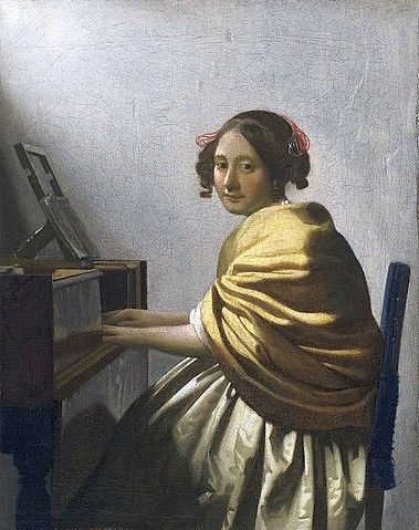 Jan Vermeer van Delft, Eine junge Frau, am Virginal sitzend. Um 1670. (Vermeer van Delft,Jan,1632-1675,Öl auf Leinwand,Privatbesitz,17. Jahrhundert,Barock,niederländisch,Goldenes Zeitalter,jan vermeer,mädchen,musik,musizieren,musikinstrument,cembalo,porträt)