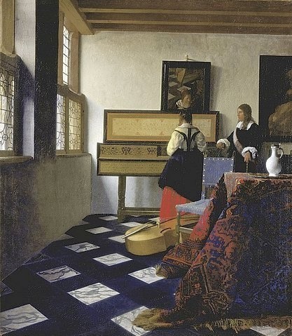 Jan Vermeer van Delft, Eine Dame am Virginal mit einem Kavalier (Die Musikstunde) (Genre,Goldenes Zeitalter,niederländisch,London,Royal Collection,Barock,17. Jahrhundert,Öl auf Leinwand,1632-1675,Vermeer van Delft,Jan,jan vermeer,interieur,fenster,musik,musikinstrumente,spiegel,mann,frau,musikunterricht,genremalerei,raum,perspektive,mus)