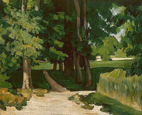 Paul Cézanne, Die Allee im Park von Jas de Bouffan. 1868-70 oder möglicherweise später (London,National Gallery,Cézanne,Paul,1839-1906,Öl auf Leinwand,19. Jahrhundert,Post-Impressionismus,? Fine Art Images,Paul Cezanne Licht Schatten grün dunkelgrün Sonnenlicht Bäume, Sommer, Nachmittag Kastanienbäume,Allee Park Jas de Bouffan)