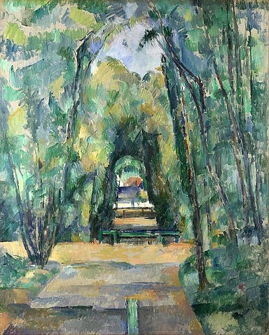 Paul Cézanne, Allee in Chantilly. 1888 (London,National Gallery,Cézanne,Paul,1839-1906,Öl auf Leinwand,19. Jahrhundert,Post-Impressionismus,? Fine Art Images,Paul Cezanne Bäume grün Zäune Park Frankreich,Allee Perspektive Natur Tiefenstaffelung)