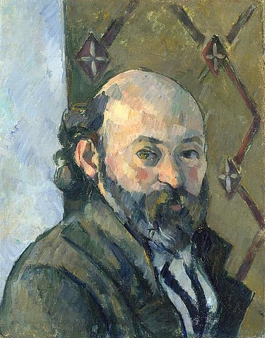 Paul Cézanne, Selbstbildnis. Um 1880-81 (London,National Gallery,Cézanne,Paul,1839-1906,Öl auf Leinwand,19. Jahrhundert,Portrait,Post-Impressionismus,? Fine Art Images,Paul Cezanne,Tapete,Rautenmuster,Bart,Glatze,Mann,Künstlerportrait)