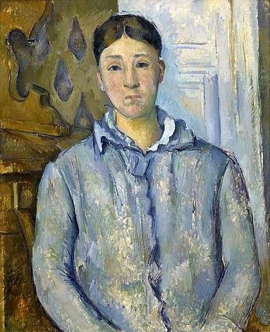 Paul Cézanne, Madame Cézanne in Blau. 1888-90 (Cézanne,Paul,1839-1906,Houston,Museum of Fine Arts,Öl auf Leinwand,19. Jahrhundert,Portrait,Post-Impressionismus,Paul Cezanne Halbfigur Frau bedrückt hellblau Frau des künstlers nachdenklich)