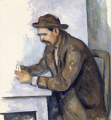 Paul Cézanne, Der Kartenspieler (Studie) / Le joueur de cartes (étude). Um 1890-92 (Cézanne,Paul,1839-1906,Paris,Musée d'Orsay,Öl auf Leinwand,19. Jahrhundert,Post-Impressionismus,Paul Cezanne nach unten schauen Blick nach unten Karten Kartenspiel Spieler Kartenspieler Studie Skizze Schnurrbart Mann im Profil sitzen,Hut sich konzentriere)