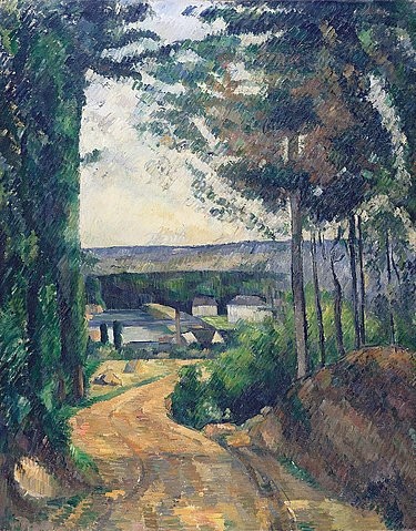 Paul Cézanne, Der Weg am See (La route vers l'étang). Um 1880 (Cézanne,Paul,1839-1906,Otterlo,Museum Kröller-Müller,Öl auf Leinwand,19. Jahrhundert,Landschaft,Post-Impressionismus,Paul Cezanne Pinselduktus parallel parallele Pinselführung Weg Straße Bäume Perspektive)