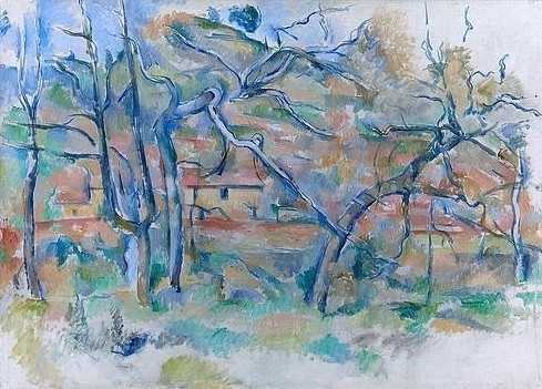 Paul Cézanne, Bäume und Häuser, Provence. 1884-86 (Cézanne,Paul,1839-1906,Oslo,Nasjonalgalleriet,Öl auf Leinwand,19. Jahrhundert,Post-Impressionismus,Paul Cezanne Vordergrund Hintergrund Bäume,kahl Provence Äste ländlich Häuser)