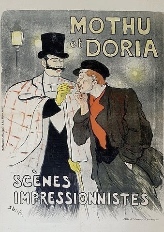 Théophile-Alexandre Steinlen, Mothu / et Doira / Scènes / Impressionistes. Frankreich, Paris, 1893. (Art Nouveau, Jugendstil, Sänger, Coupletsänger, Varieté, Cabaret, französisch, Revue, Musiktheater, Unterhaltung, Plakatkunst, Werbung, Veranstaltung, Wohnzimmer, Treppenhaus, Malerei, Wunschgröße, bunt)