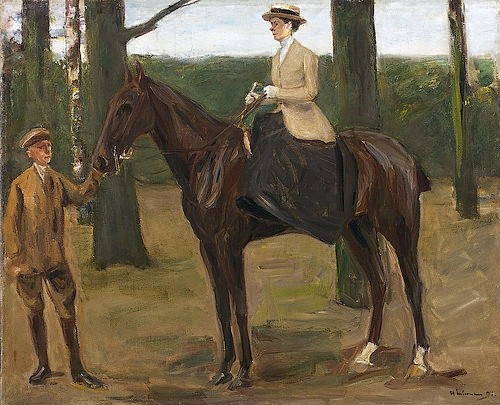 Max Liebermann, Des Künstlers Tochter Käthe zu Pferde. 1913 (Liebermann,Max,1847-1935,Öl auf Leinwand,20. Jahrhundert,Impressionismus,Düsseldorf,Kunstpalast,deutscher,max liebermann,impressionistisch,reiterin,pferd,reiten,bäume,wald,park,deutsch)