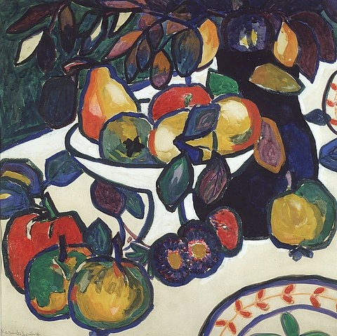 Kasimir Malewitsch, Stillleben. 1908 oder 1910-11 (St. Petersburg,Staatliches Russisches Museum,Malewitsch,Kasimir,1878-1935,Tempera auf Papier,20. Jahrhundert,Stillleben,Obst,Malewitsch, Kasimir Sewerinowitsch,Obst,Früchte,Apfel,Äpfel,Birnen,Obstschale,russisch)