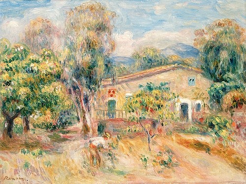 Pierre-Auguste Renoir, Landhaus (Les Collettes), Cagnes-sur-Mer (La Ferme, Les Collettes, Cagnes-sur-Mer). 1910 (Landhaus, Landsitz, Farmhaus, Garten, Landschaft, Idylle, Sommer, Gartenarbeit, Impressionismus, klassische Moderne, Wunschgröße, Wohnzimmer, Malerei)