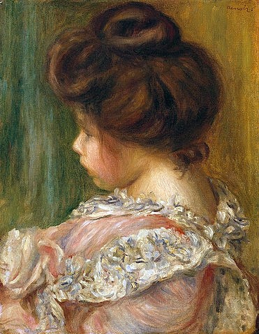 Pierre-Auguste Renoir, Bildnis eines jungen Mädchens. (Portrait, Profil, Mädchen,  Haarknoten, Dutt, Hochfrisur,    Spitzenkleid, Pausbacken, Impressionismus, klassische Moderne, Wunschgröße, Wohnzimmer, Malerei)