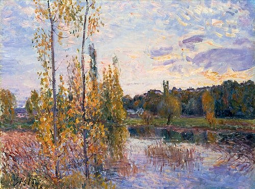 Alfred Sisley, Landschaft bei Chevreuil. 1888 (Sisley,Alfred,Christie's Images Ltd,1839-1899,19. Jahrhundert,Herbst,Frankreich,Sisley, Alfred Sisley,Impressionismus, impressionistisch, Landschaft, Natur, Weiher, Teich, Bäume, Birken, Birke, Baum, Ufer, Wasser, See, Idylle, idyllisch, Moor, abgelegen,P)