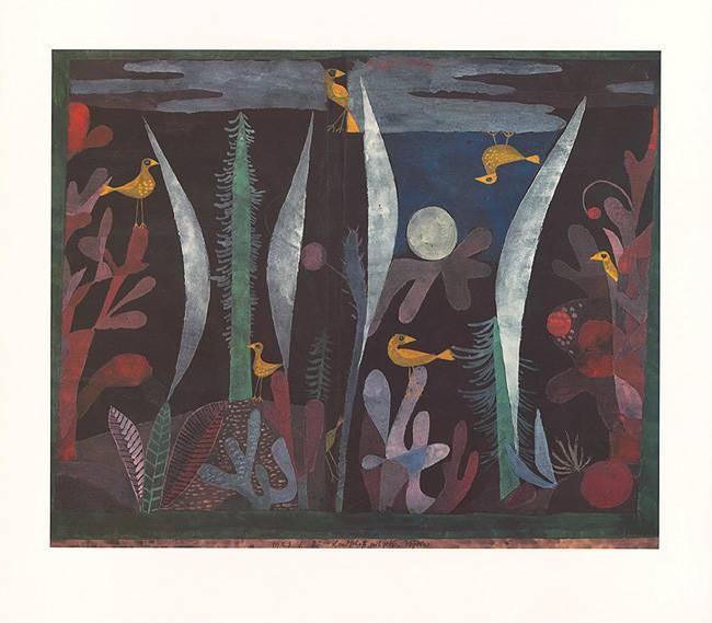 Klee Paul Landschaft mit gelben Vögeln (Grano-Lithographie) (Expressionismus, Gewächse, Pflanzen, Landschaft, Mond, Nachtszene, Vögel,  Klassische Moderne, Schlafzimmer, Wohnzimmer,  Malerei,  bunt)