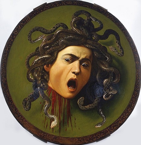 Michelangelo Merisi da Caravaggio, Medusa. 1596-98. (Schild, Gesicht, Medusa, Enthauptung, Mythologie, Schild (Schutz),Schlangen, Tondo, Trompe L'oeil, Entsetzen, Schrei, Kopf, Barock, Klassiker, Malerei, Wunschgröße, Wohnzimmer)