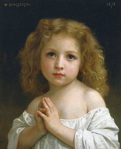 William Adolphe Bouguereau, Kleines Mädchen. 1878 (Bouguereau,William Adolphe,1825-1905,Öl auf Leinwand,19. Jahrhundert,Tokyo,National Museum of Western Art,Bouguereau,William Adolphe,lieblich,Kitsch,kitschig,blond,unschuldig,Kind,Mädchen,beten,Kindergebet,Nachtgebet,Nachthemd,Hände falten,gefaltete Hände)