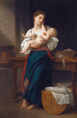 William Adolphe Bouguereau, Erste Zärtlichkeiten. (Bouguereau,William Adolphe,1825-1905,Privatbesitz,Öl auf Leinwand,19. Jahrhundert,Bouguereau,William Adolphe,lieblich,Kitsch,kitschig,Zuneigung,Mutter,Kind,Baby,Liebe,Mutterliebe,auf dem Arm halten,verspielt,Wiege,zärtlich,barfuß)