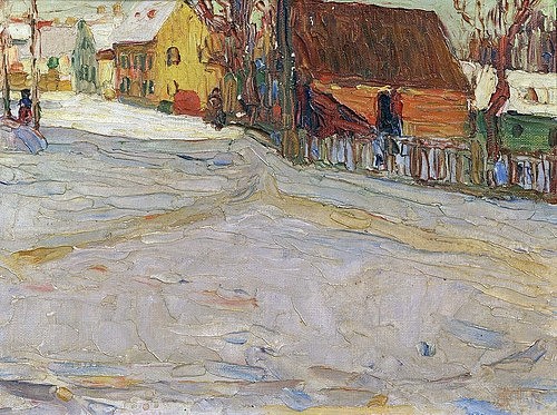 Wassily Kandinsky, Stadtlandschaft. (Kandinsky,Wassily,1866-1944,Odessa,Kunstmuseum,Öl auf Leinwand,20. Jahrhundert,Kandinsky, Wassily,Winter,Schnee,Dorf,Dorfstraße,Stadt,Straße,pastos,Blauer Reiter)