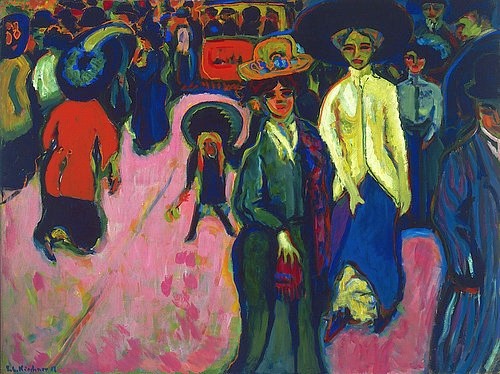 Ernst Ludwig Kirchner, Straße in Dresden. 1908 (1919 überarbeitet, Datierung auf dem Gemälde 1907) (Expressionismus,Die Brücke,20. Jahrhundert,Öl auf Leinwand,1880-1938,Kirchner,Ernst Ludwig,New York,Museum of Modern Art,Ernst Ludwig Kirchner,Straßenszene,Frauen,Fußgänger,Stadt,Dresden,urban,farbenfroh,Passanten)