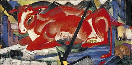 Franz Marc, Die Weltenkuh. 1913 (Tiere,20. Jahrhundert,Öl auf Leinwand,1880-1916,Marc,Franz,New York,Museum of Modern Art,Franz Marc,Kuh,Tier,rot,Farbe,Jungtier,geometrisch,Blauer Reiter,Kalb,Tiere,Landschaft,Muttertier,Symbolisch,Proportion,kubistisch)