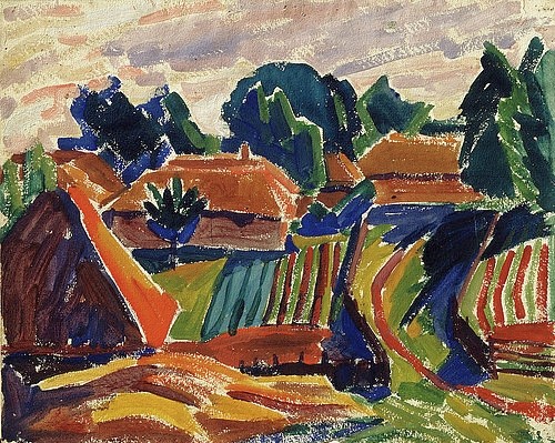 Alexej von Jawlensky, Landschaft. 1908-12 (Expressionismus,20. Jahrhundert,Privatbesitz,Aquarell/Papier,1864-1941,Jawlensky,Alexej von,Alexej von Jawlensky,Aquarell,Felder,Bauernhäuser,Häuser,ländlich,erhöhter Betrachterstandpunkt,Baluer Reiter)