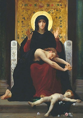 William Adolphe Bouguereau, Vierge Consolatrice. 1877 (19. Jahrhundert,Bouguereau,William Adolphe,1825-1905,Öl auf Leinwand,Christie's Images Ltd,William Adolphe Bouguereau,1877,trösten,Trösterin,madonna,Consolatrice,Heiligenschein,Maria,Baby,Kleinkind,Leichnam,Tod,Thron,Trauer,Schmerz)