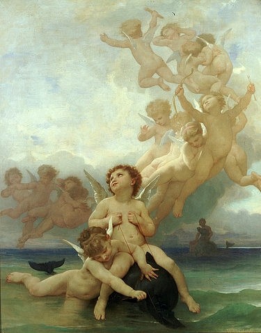 William Adolphe Bouguereau, Geburt der Venus. (Bouguereau,William Adolphe,1825-1905,Christie's Images Ltd,Öl auf Leinwand,19. Jahrhundert,William Adolphe Bouguereau,Geburt,Venus,Putten,Putti,Kinder,Transformation,Delphin,Meer,schweben,Kitsch)