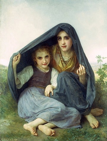 William Adolphe Bouguereau, Obdach (L'Abri). 1891 (Bouguereau,William Adolphe,1825-1905,Christie's Images Ltd,Öl auf Leinwand,19. Jahrhundert,William Adolphe Bouguereau,1891,Unterschlupf,barfuß,Decke,Obdach,Kinder,Mädchen,blau,bäuerlich,Schwestern,draußen,Schutz suchen,zusammen,zwei,Bauernmädchen,lieblich)