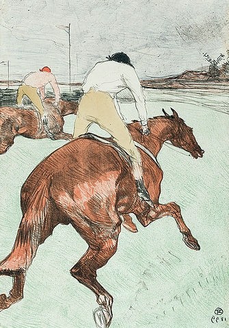 Henri de Toulouse-Lautrec, Der Jockey (Le Jockey). 1899 (Städel Museum,Frankfurt am Main,Toulouse-Lautrec,Henri de,1864-1901,Farblithographie,Graphische Sammlung,19. Jahrhundert,Henri de Toulouse-Lautrec,Derby,Pferd, zu Pferde,Pferderennen, Reitsprt,Reiter,reiten,Rückenansicht,von hinten,Geschwindigkeit,Tier,We)