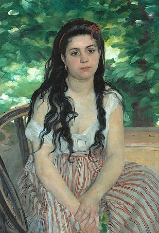 Pierre-Auguste Renoir, Im Sommer. 1868 (Portrait, Frau, Lise Trehot, Geliebte, Modell, Sommer, lässig, Garten, Impressionismus, klassische Moderne, Wunschgröße, Wohnzimmer, Malerei)