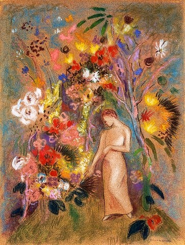 Odilon Redon, Frauengestalt in Blumen. 1904. (Symbolismus, Frau, Blumenmeer, Blüten, Blumen, floral, klassische Moderne, Malerei, Wohnzimmer, Treppenhaus, Wunschgröße, bunt)