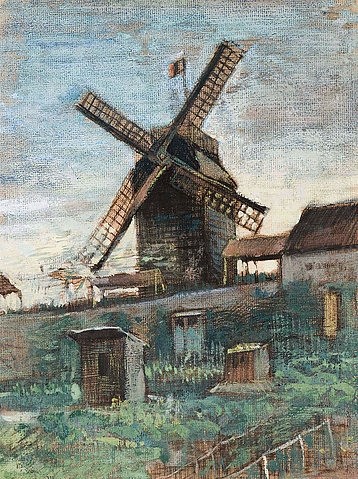 Vincent van Gogh, Le Moulin Le Blute-fin. 1886 (Gogh,Vincent van,1853-1890,Aquarell und Gouache,19. Jahrhundert,auf Papier,Post-Impressionismus,Amsterdam,Fondation De Boer,Vincent van Gogh,Mühle,Windmühle,Gemüsegarten,Schuppen,Gartenhäuschen, Vorort,Schrebergarten,Montmartre,ländlich,Blute fin,Hütten,Z)