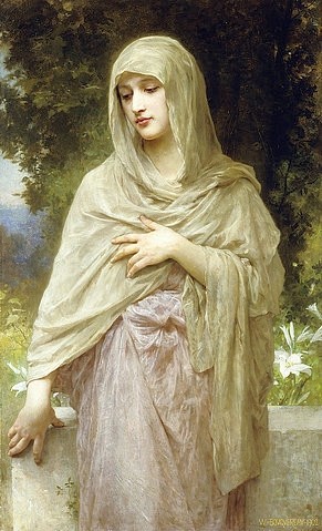 William Adolphe Bouguereau, Meditation. 1902 (Bouguereau,William Adolphe,1825-1905,Christie's Images Ltd,Öl auf Leinwand,19. Jahrhundert,20. Jahrhundert,William-Adolphe Bouguereau,von vorne,draußen,Kopftuch,Meditation,jung,junge Frau,Blick nach unten,nach unten schauen,bescheiden,stehen,cremefarben,z)