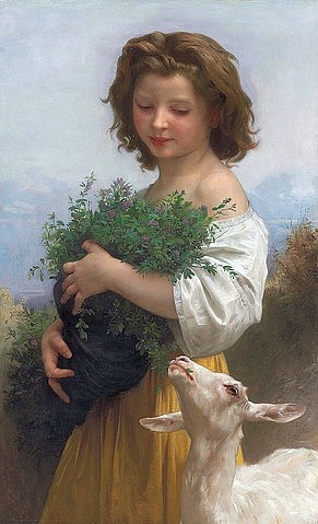 William Adolphe Bouguereau, Die kleine Esmeralda (La Petite Esmeralda). 1874 (Bouguereau,William Adolphe,1825-1905,Christie's Images Ltd,Öl auf Leinwand,19. Jahrhundert,William-Adolphe Bouguereau,187,Tier,weiße Bluse,braunhaarig,brünette,Esmeralda,Mädchen,Ziege,Kräuter,sammeln,halten,nach unten schauen,Blick nach unten,schulterfrei)