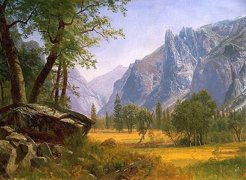 Albert Bierstadt, Yosemite Valley. (Christie's Images Ltd,Bierstadt,Albert,1830-1902,Öl/Karton,19. Jahrhundert,Landschaft,Albert Bierstadt,amerikanisch,USA,Amerika,Berg,Berge,Bäume,Tal,Yosemite,malerisch,Nationalpark,Kalifornien,Natur,Yosemite Valley)