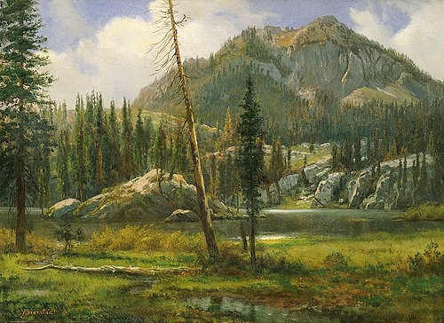 Albert Bierstadt, Sierra Nevada Mountains. (Christie's Images Ltd,Bierstadt,Albert,1830-1902,Öl/Papier/Karton,19. Jahrhundert,Landschaft,Albert Bierstadt,Amerika,amerikanisch,Landschaft,Natur,USA,Berg,Berge,Sierra Nevada Mountains,Kalifornien,Westen,grün,Bäume,Nadelbäume,Gebirgszug,Hochgebirge,Gebi)