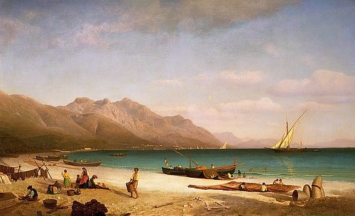 Albert Bierstadt, Der Golf von Salerno. 1858 (Christie's Images Ltd,Bierstadt,Albert,1830-1902,Öl auf Leinwand,19. Jahrhundert,Landschaft,1858,Albert Bierstadt,Amalfi,Italien,Bucht,Strand,Küste,Fischerboot,Felsen,Salerno,Sand,Meer,Fischer,trocknen,Netze,Fischernetze,alltägliche Szene,Bucht,Golf,Amalf)