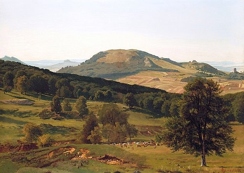 Albert Bierstadt, Berg und Tal (Hill and Dale). (Öl/Papier/Lwd.,Landschaft,19. Jahrhundert,1830-1902,Bierstadt,Albert,Christie's Images Ltd,Albert Bierstadt,USA,Amerika,amerikanisch,Hügel,Berg,Vieh,Weideland,weiden,ländlich,auf dem Land,Natur,Tal)