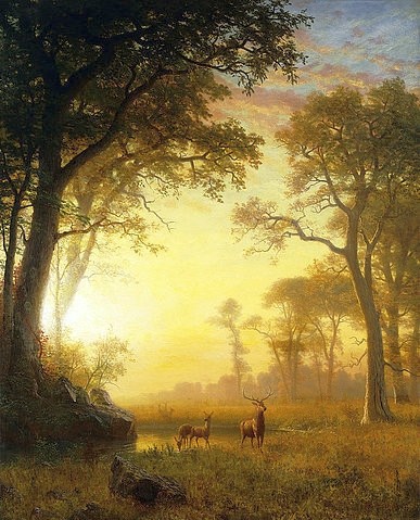 Albert Bierstadt, Sonnenbeschienene Lichtung (Light in the Forest). (Christie's Images Ltd,Bierstadt,Albert,1830-1902,Öl auf Leinwand,19. Jahrhundert,Landschaft,Albert Bierstadt,USA,Amerika,amerikanisch,wachsam,aufmerksam,Tiere,Lichtung,Wald,Waldlichtung,Wild,Rehe,Hirsch,Tageszeit,Licht,Sonnenlicht,Sonnenaufgang,Natur,frie)