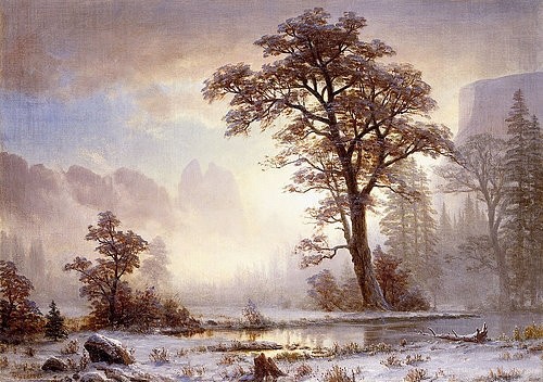 Albert Bierstadt, Yosemite Valley bei Schneefall. (Christie's Images Ltd,Bierstadt,Albert,1830-1902,Öl auf Leinwand,19. Jahrhundert,Landschaft,Albert Bierstadt,USA,Amerikan,amerikanisch,Frost,Winter,Schnee,Schneefall,Jahreszeit,Nebel,neblig,nebelig,niemand,draußen,Fluss,Flussufer,Tal,Valley,Yosemite,Kälte)