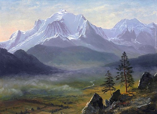 Albert Bierstadt, Mont Blanc. (Christie's Images Ltd,Bierstadt,Albert,1830-1902,Öl/Papier,19. Jahrhundert,Landschaft,Albert Bierstadt,Ansicht,Landschaft,Alpen,Nebel,nebelig,Mont Blanc,Berg,Gebirge,schneebedeckt,Tal,atmosphärisch,stimmungsvoll,mächtig,Natur,monumental,diesig,neblig)
