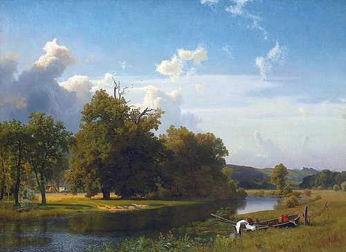 Albert Bierstadt, Flusslandschaft, Westphalia. 1855 (Christie's Images Ltd,Bierstadt,Albert,1830-1902,Öl auf Leinwand,19. Jahrhundert,Landschaft,1855,Absence,Albert Bierstadt,Amerika,amerikanisch,Ruderboot,malerisch,Wolken,Schönwetterwolken,Fluss,Flussufer,Bäume,Flusstal,friedlich)