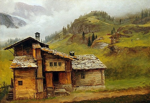 Albert Bierstadt, Haus in den Bergen (Mountain House). (Christie's Images Ltd,Bierstadt,Albert,1830-1902,Öl/Papier,19. Jahrhundert,Landschaft,Albert Bierstadt,USA,Amerika,amerikanisch,Landschaft,Hütte,Architektur,Berghütte,einsam,Haus,Nebel,neblig,nebelig,in den Bergen, draußen,Wald,Herbst)