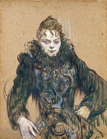 Henri de Toulouse-Lautrec, Die Frau mit der schwarzen Boa (Femme au boa noir). 1892. (Post-Impressionismus,Impressionismus,französischer,19. Jahrhundert,Öl/Karton,Paris,Musée d'Orsay,Toulouse-Lautrec,Henri de,1864-1901,junge frau,porträt,elegent,sitzend,mode,modisch)